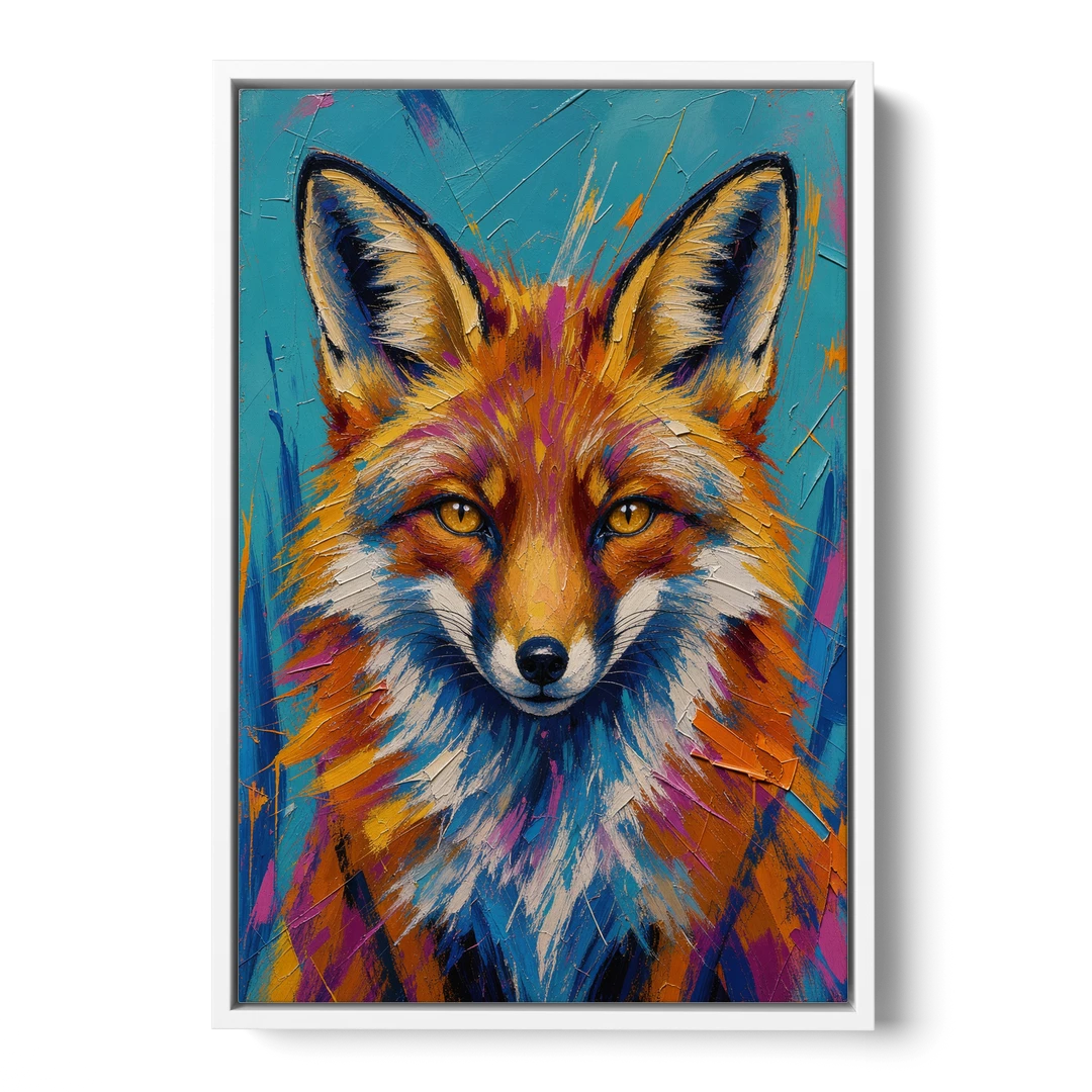 Fox Oil Painting in Electric Blue - White Framed Canvas Wall Art - Front
