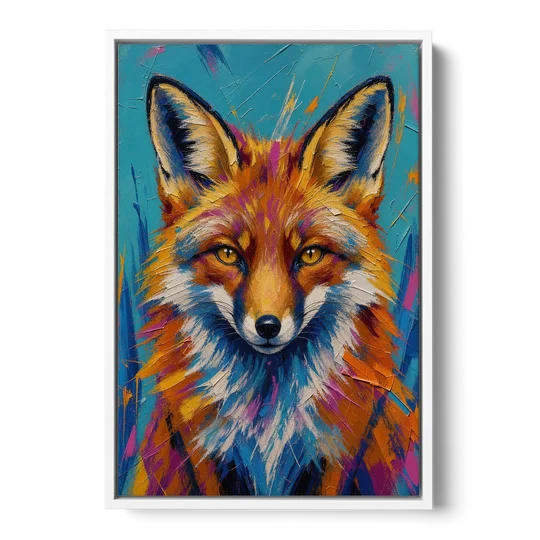Fox Oil Painting in Electric Blue - White Framed Canvas Wall Art - Front