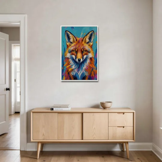 Fox Oil Painting in Electric Blue - White Framed Canvas Wall Art - Coffee Table - 24x36