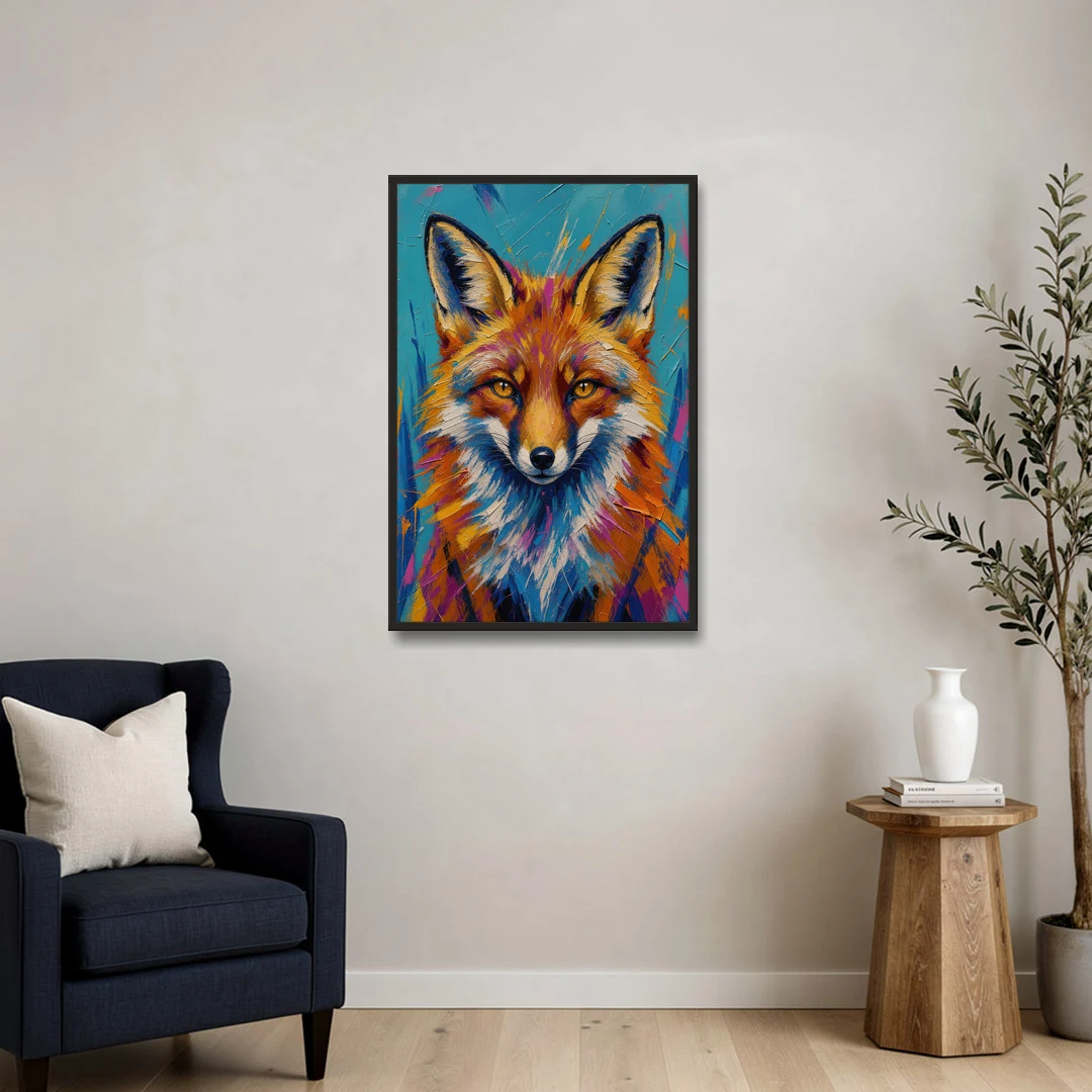 Fox Oil Painting in Electric Blue - Black Framed Canvas Wall Art - Sofa - 24x36