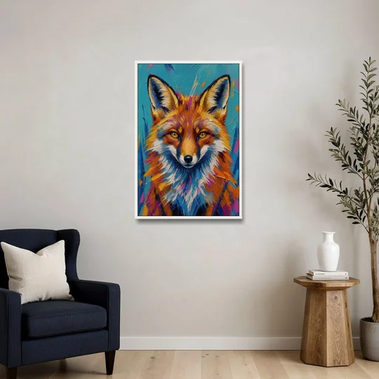 Fox Oil Painting in Electric Blue - White Framed Canvas Wall Art - Sofa - 24x36