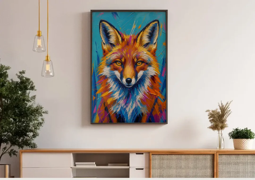 Fox Oil Painting in Electric Blue canvas wall art above a wooden sideboard under pendant lights