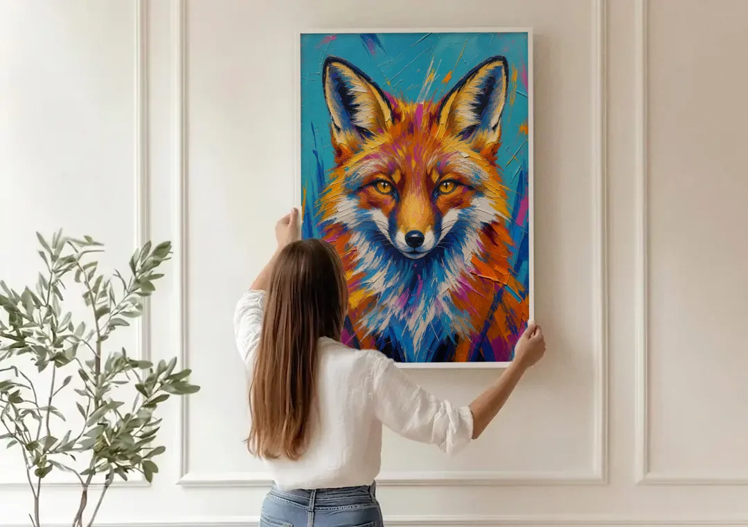 Fox Oil Painting in Electric Blue canvas wall art being hung on a paneled wall