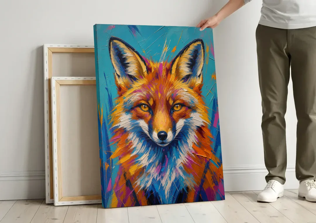 Fox Oil Painting in Electric Blue canvas wall art leaning against a wall next to blank canvases