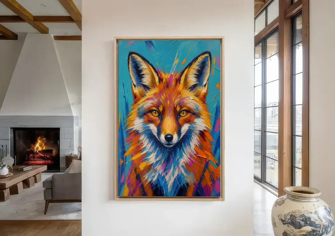 Fox Oil Painting in Electric Blue canvas wall art in a living room with a fireplace