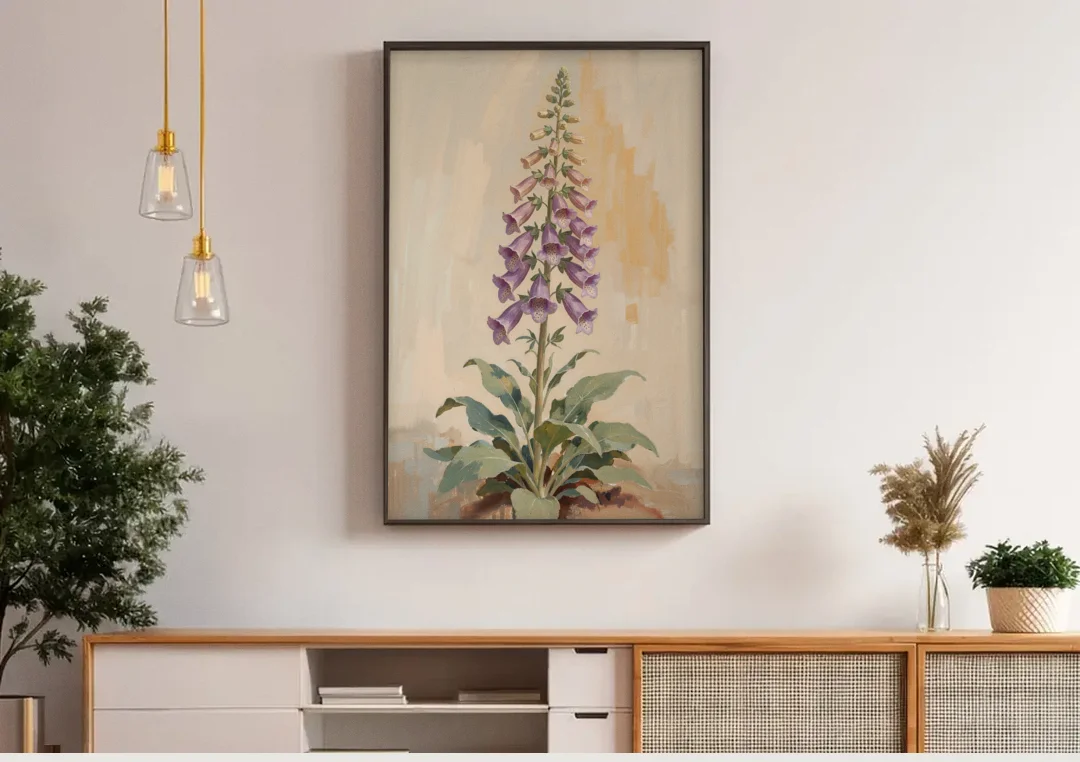 Foxglove Painting with Speckled Bell Spire canvas wall art above a wooden sideboard under pendant lights