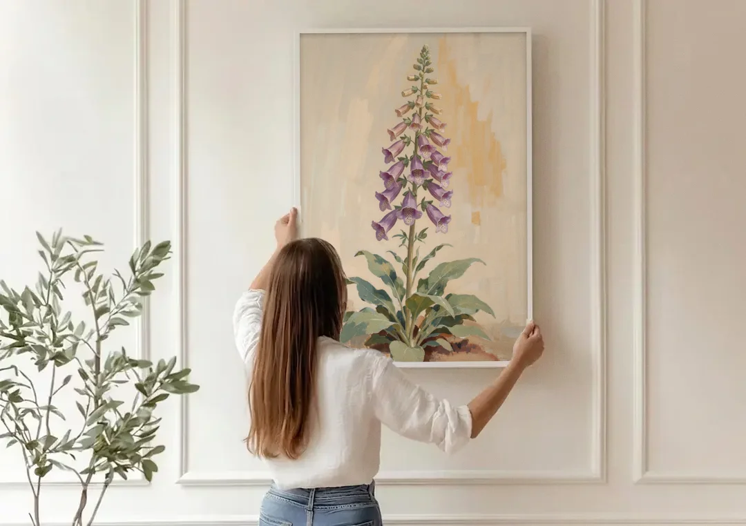 Foxglove Painting with Speckled Bell Spire canvas wall art being hung on a paneled wall