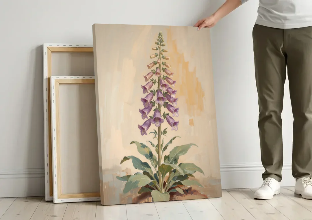 Foxglove Painting with Speckled Bell Spire canvas wall art leaning against a wall next to blank canvases