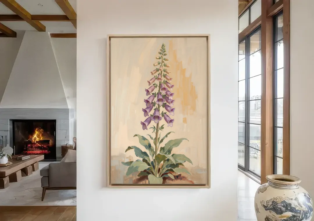 Foxglove Painting with Speckled Bell Spire canvas wall art in a living room with a fireplace