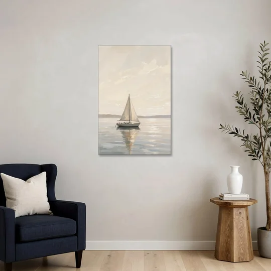 Foyer Wall Art Lone Sailboat on a Glassy Bay - Canvas Wall Art - Sofa - 24x36