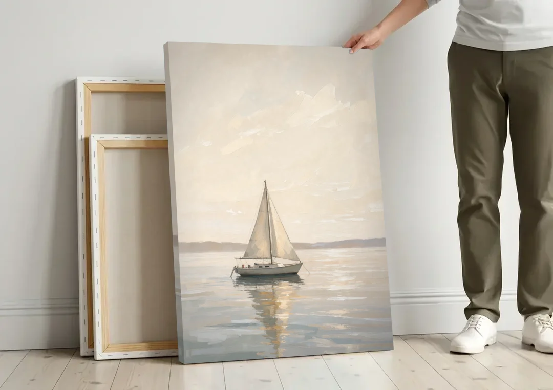 Foyer Wall Art Lone Sailboat on a Glassy Bay canvas wall art leaning against a wall next to blank canvases