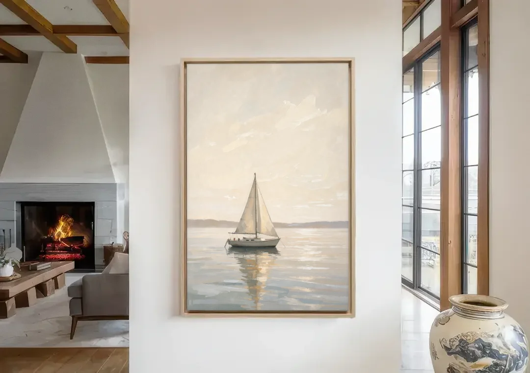 Foyer Wall Art Lone Sailboat on a Glassy Bay canvas wall art in a living room with a fireplace