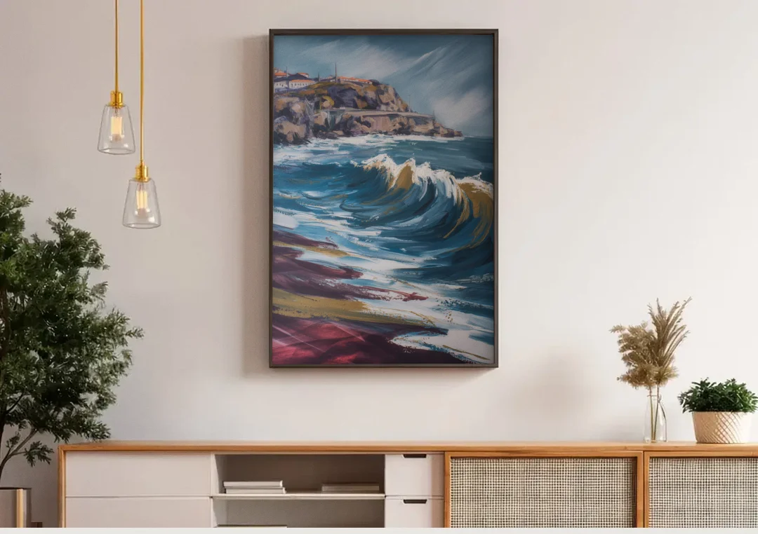 Foz do Douro Waves canvas wall art above a wooden sideboard under pendant lights