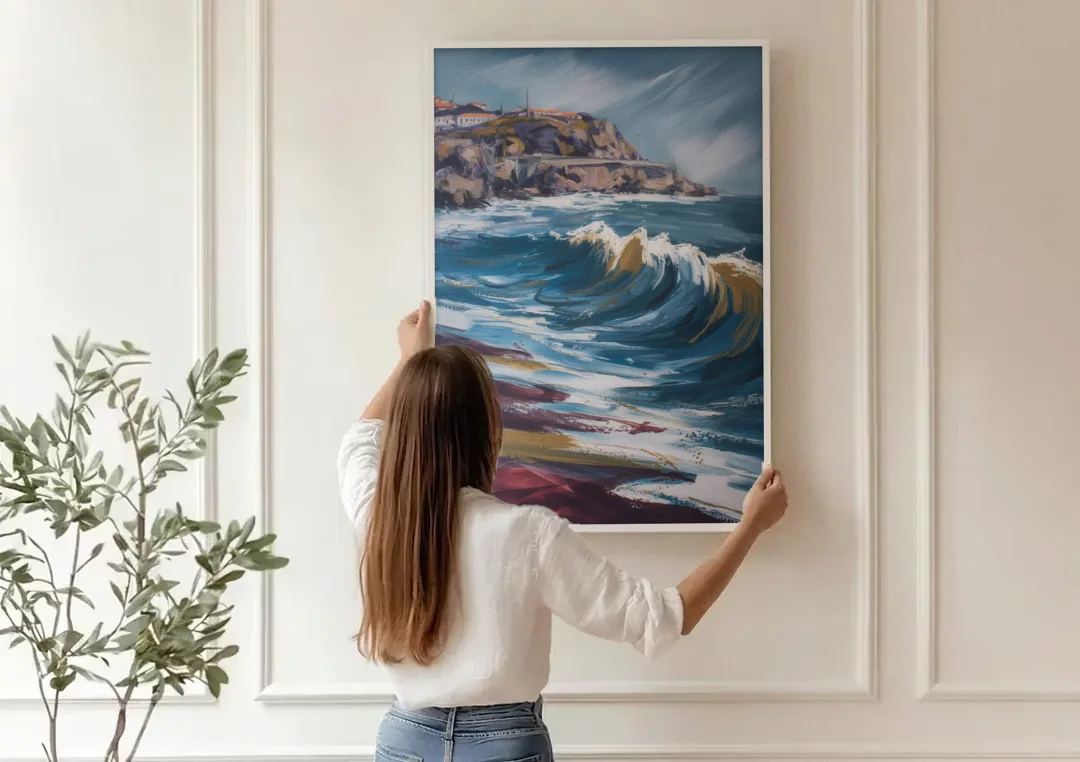 Foz do Douro Waves canvas wall art being hung on a paneled wall
