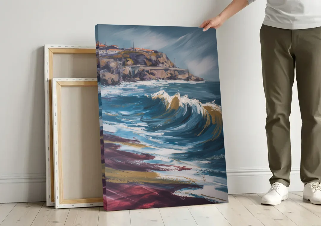 Foz do Douro Waves canvas wall art leaning against a wall next to blank canvases