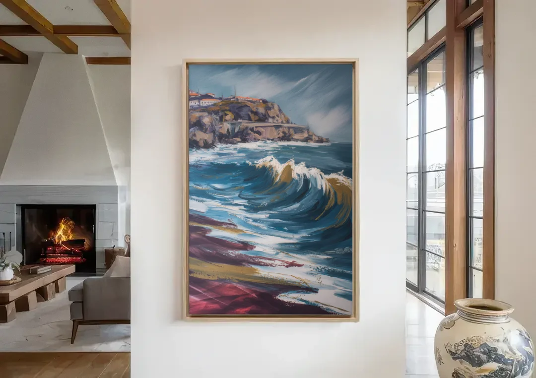 Foz do Douro Waves canvas wall art in a living room with a fireplace