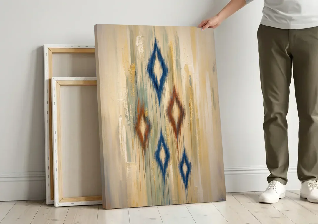 Framed Abstract Painting of Drifting Ikat Diamonds canvas wall art leaning against a wall next to blank canvases