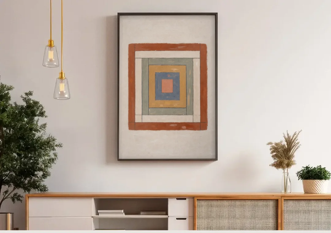 Framed Boho Wall Art with Nested Quilt Squares canvas wall art above a wooden sideboard under pendant lights