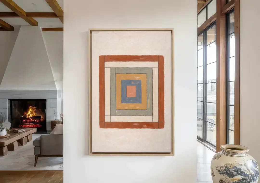 Framed Boho Wall Art with Nested Quilt Squares canvas wall art in a living room with a fireplace