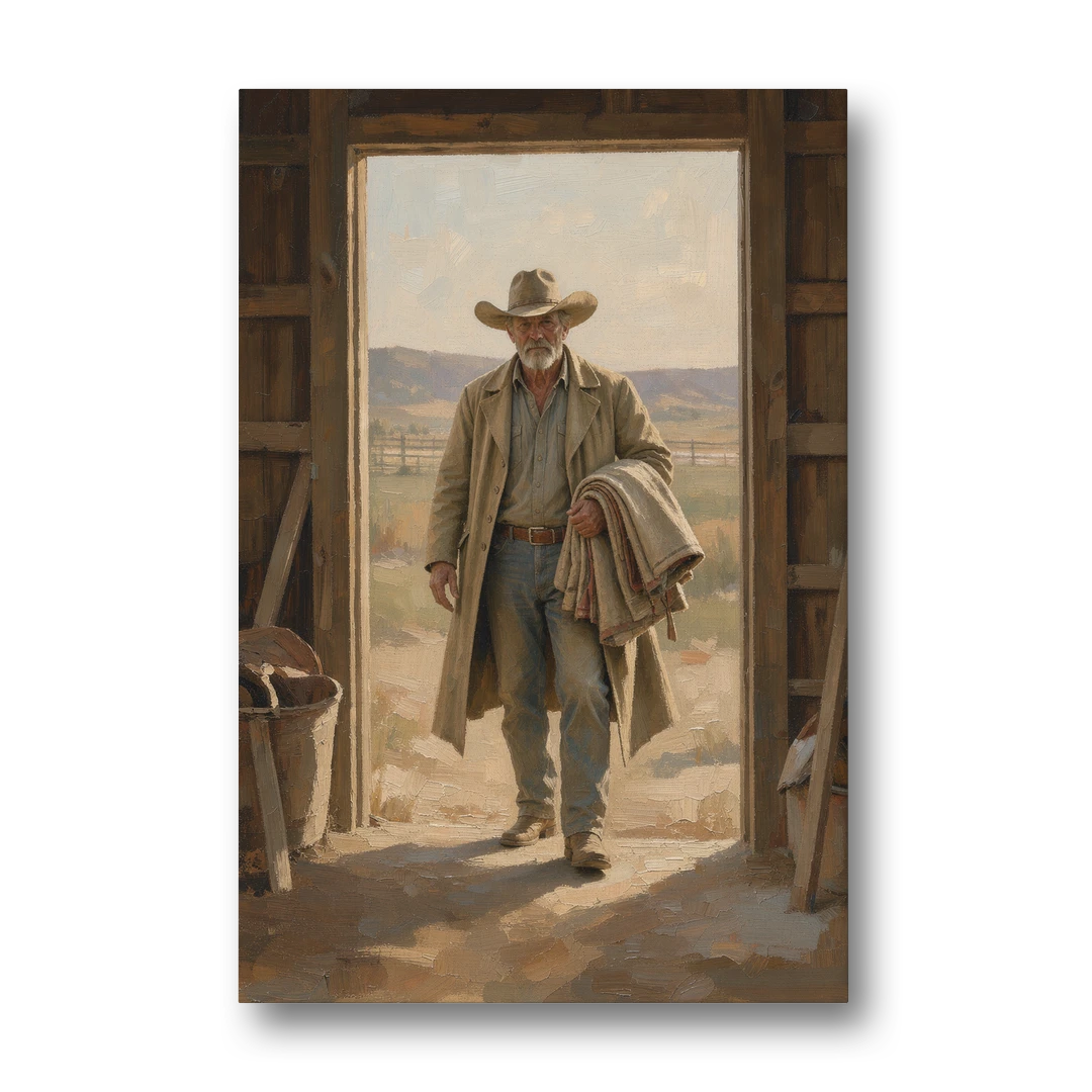 Framed Cowboy Art in the Barn Doorway - Canvas Wall Art - Front