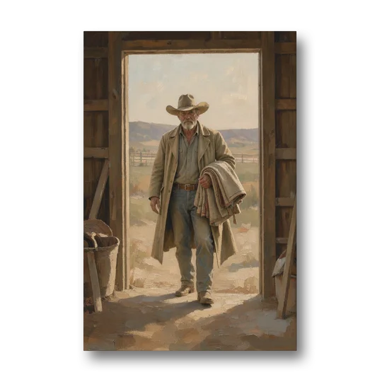 Framed Cowboy Art in the Barn Doorway - Canvas Wall Art - Front