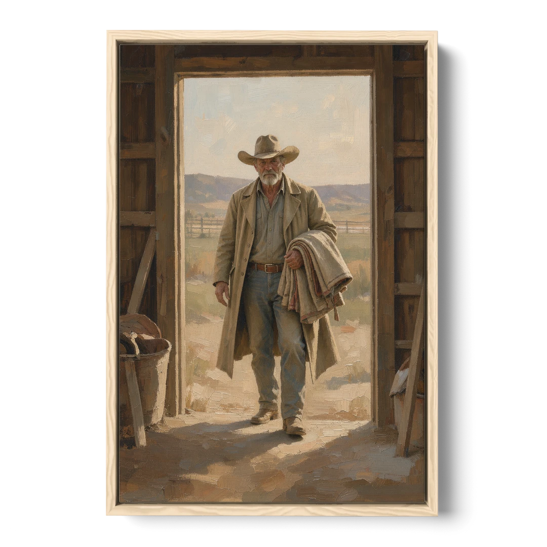 Framed Cowboy Art in the Barn Doorway - Oak Framed Canvas Wall Art - Front