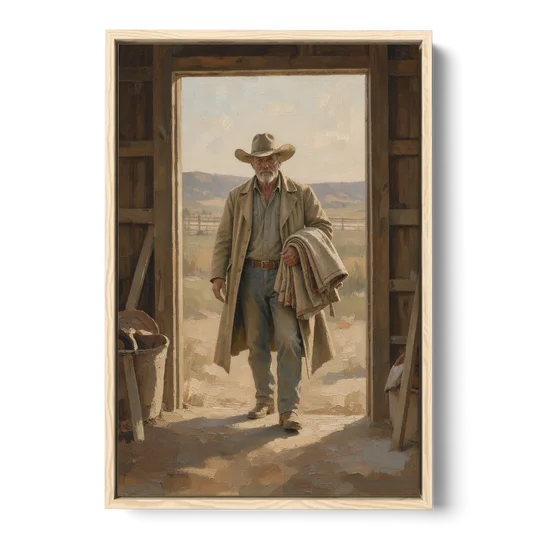 Framed Cowboy Art in the Barn Doorway - Oak Framed Canvas Wall Art - Front