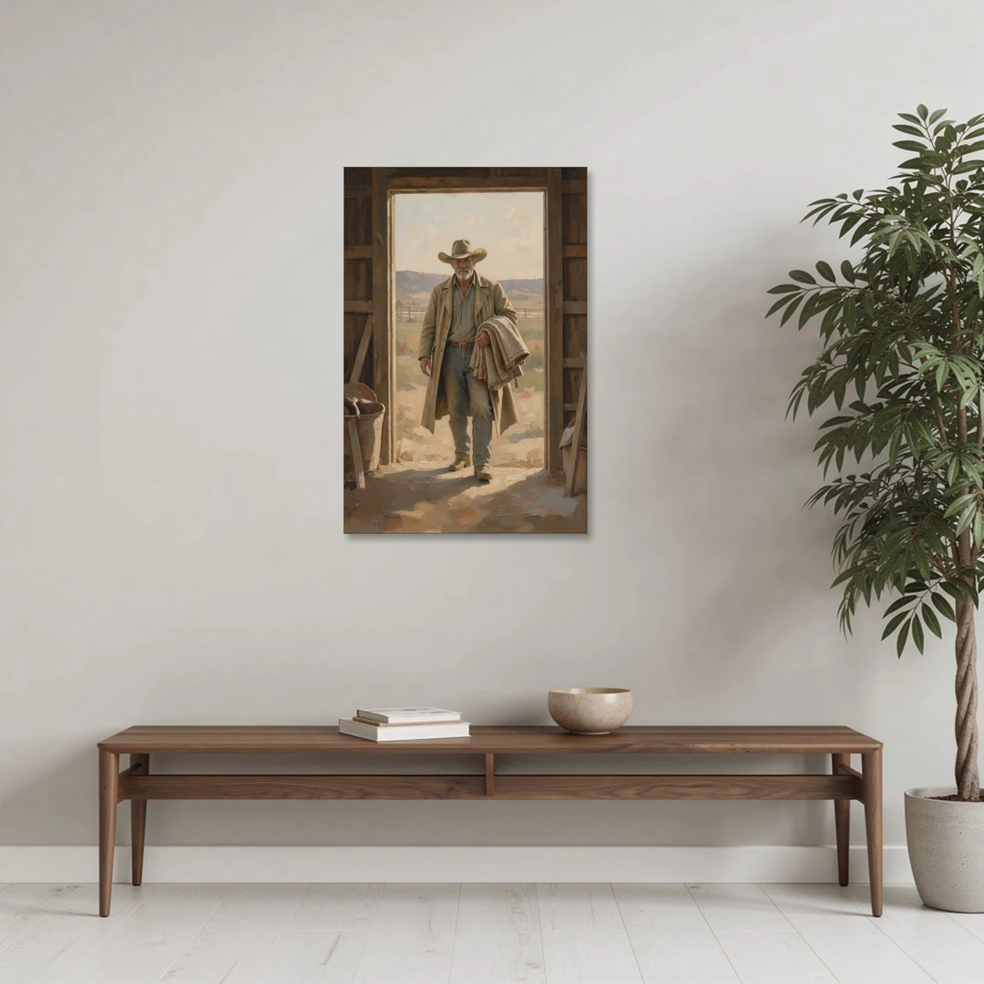 Framed Cowboy Art in the Barn Doorway - Canvas Wall Art - Coffee Table - 24x36