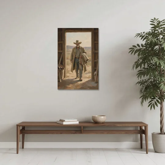 Framed Cowboy Art in the Barn Doorway - Canvas Wall Art - Coffee Table - 24x36