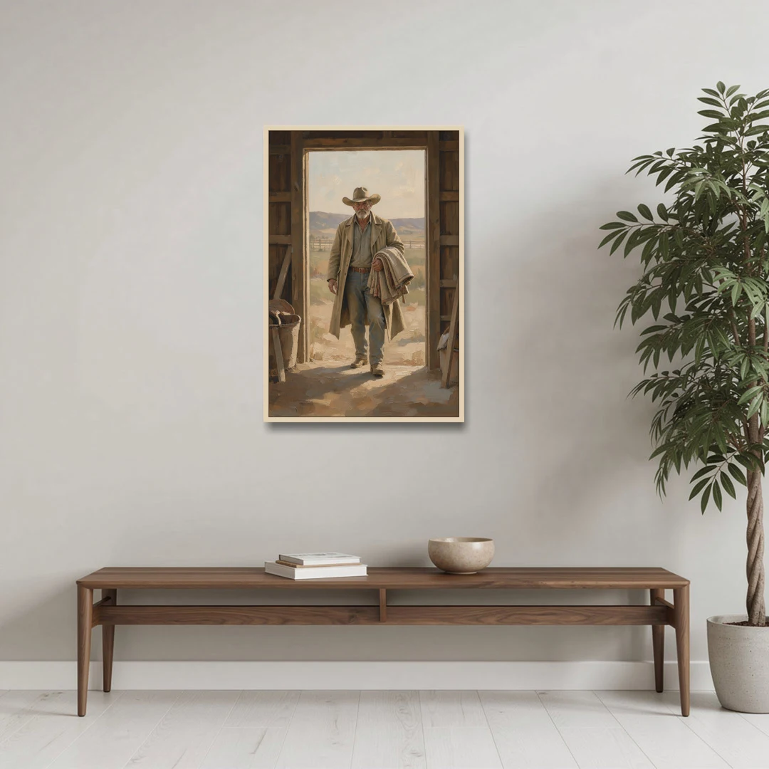 Framed Cowboy Art in the Barn Doorway - Oak Framed Canvas Wall Art - Coffee Table - 24x36