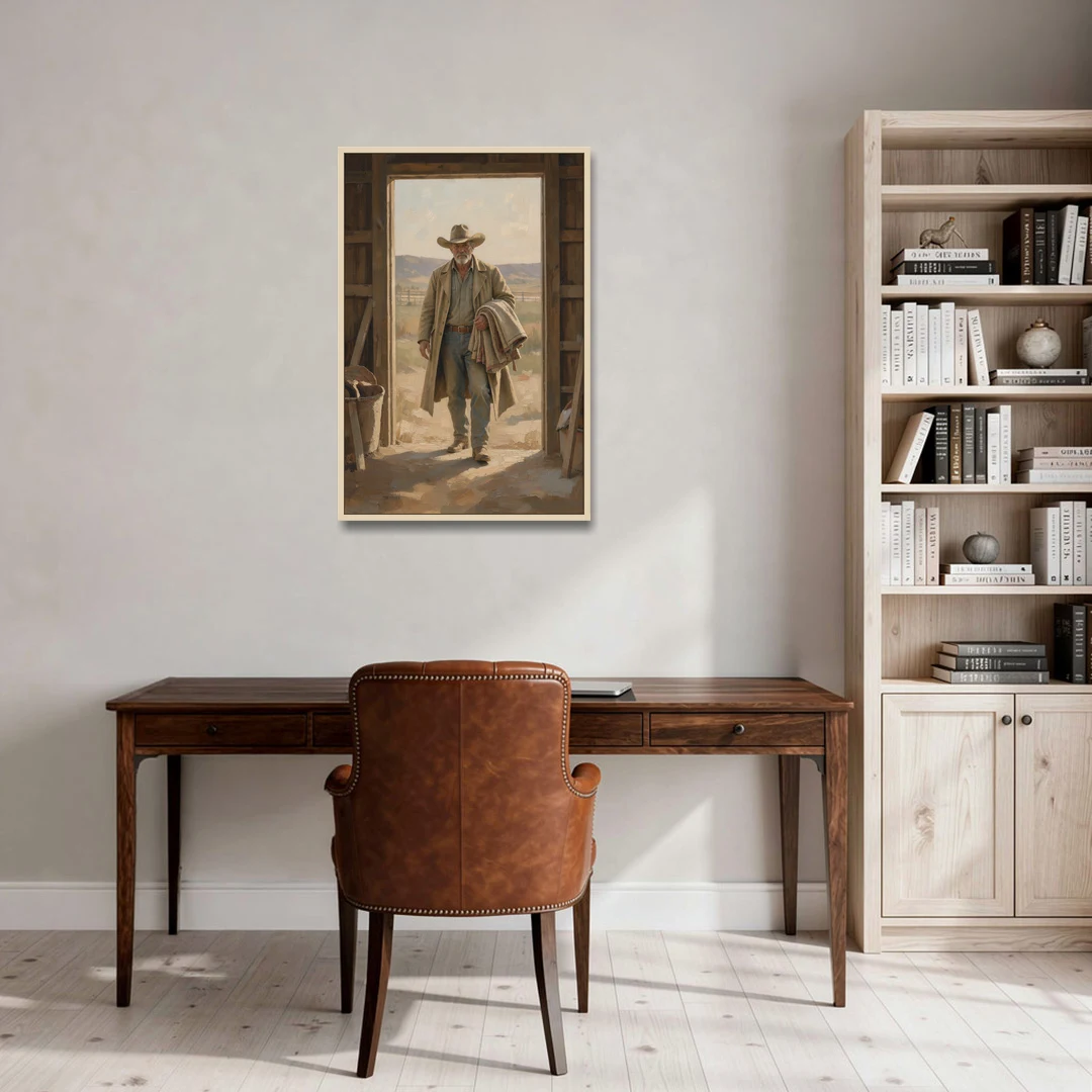 Framed Cowboy Art in the Barn Doorway - Oak Framed Canvas Wall Art - Office - 24x36