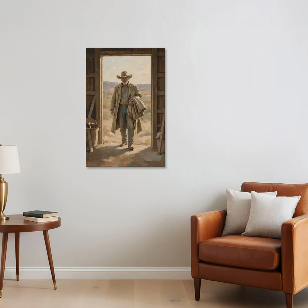 Framed Cowboy Art in the Barn Doorway - Canvas Wall Art - Sofa - 24x36