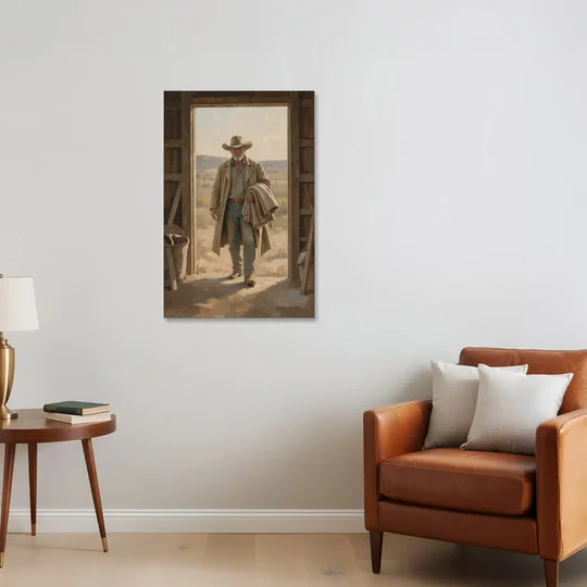 Framed Cowboy Art in the Barn Doorway - Canvas Wall Art - Sofa - 24x36