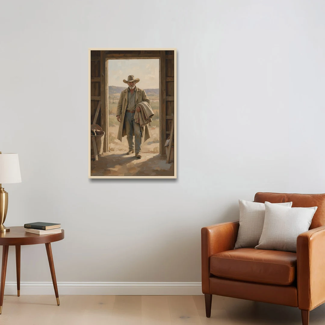 Framed Cowboy Art in the Barn Doorway - Oak Framed Canvas Wall Art - Sofa - 24x36