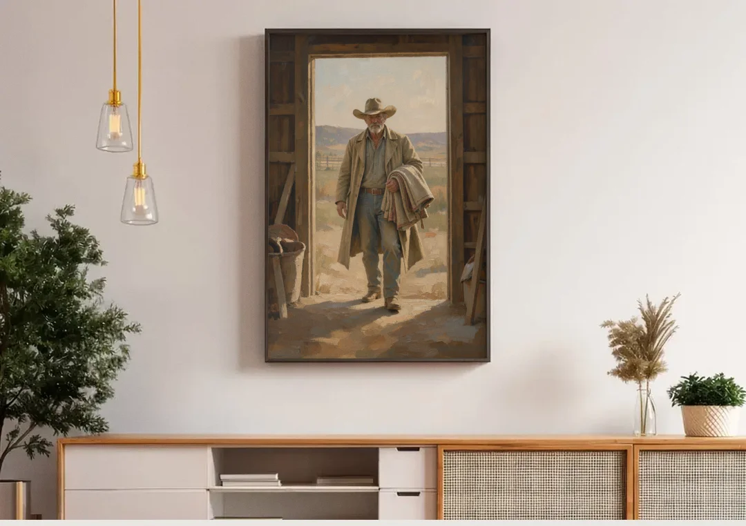 Framed Cowboy Art in the Barn Doorway canvas wall art above a wooden sideboard under pendant lights