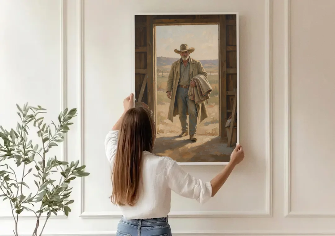 Framed Cowboy Art in the Barn Doorway canvas wall art being hung on a paneled wall
