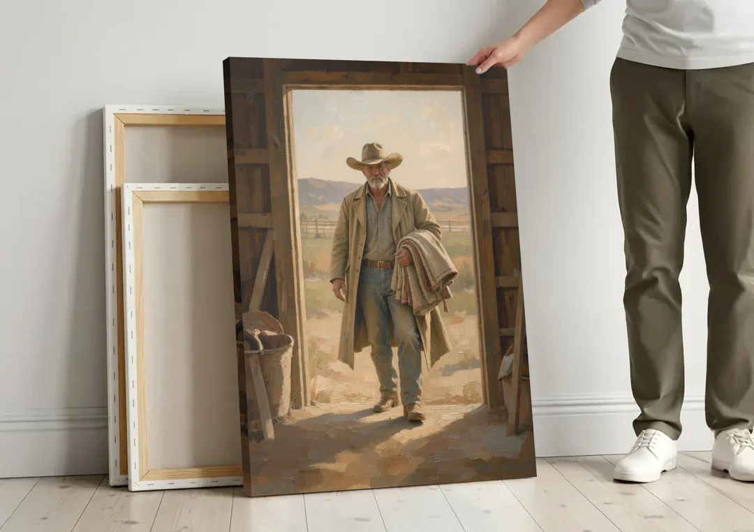 Framed Cowboy Art in the Barn Doorway canvas wall art leaning against a wall next to blank canvases
