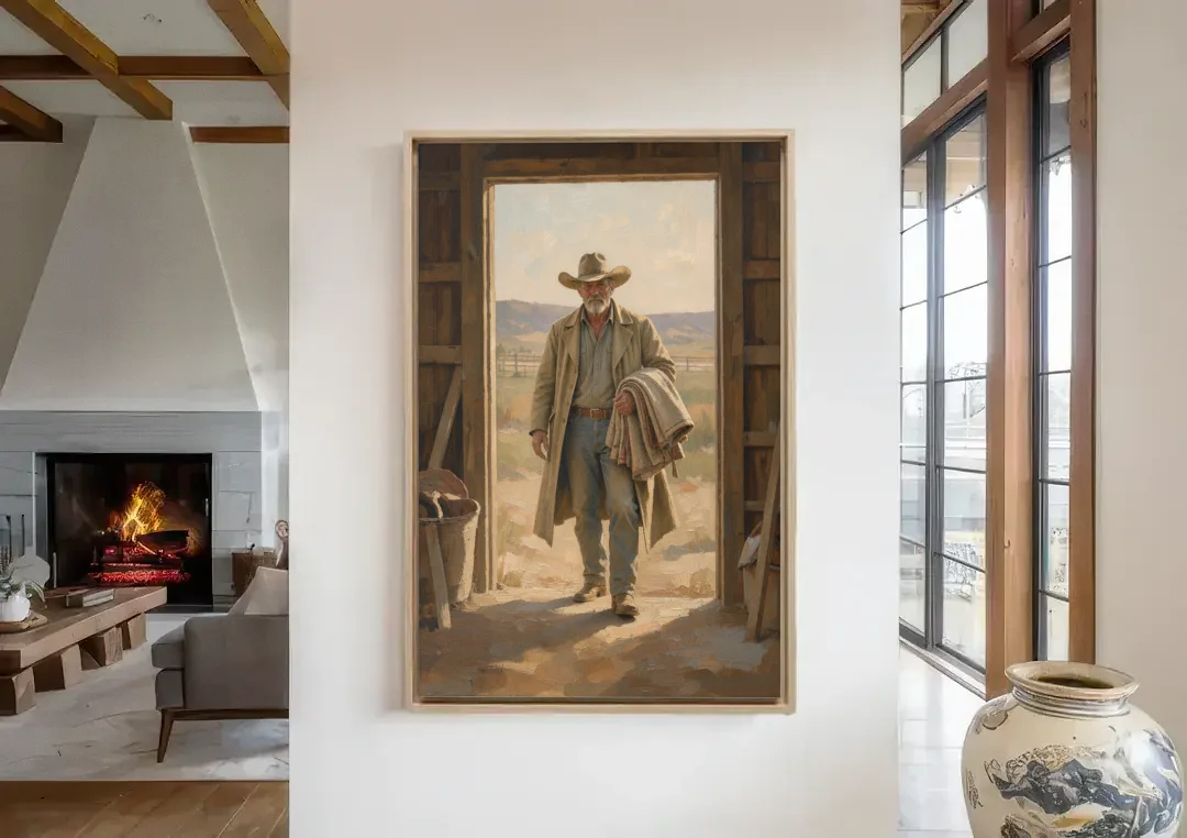 Framed Cowboy Art in the Barn Doorway canvas wall art in a living room with a fireplace