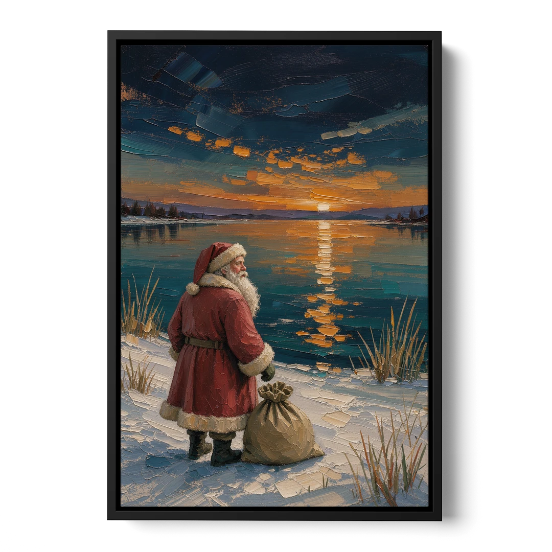 Framed Santa Print by the Amber Lake - Black Framed Canvas Wall Art - Front