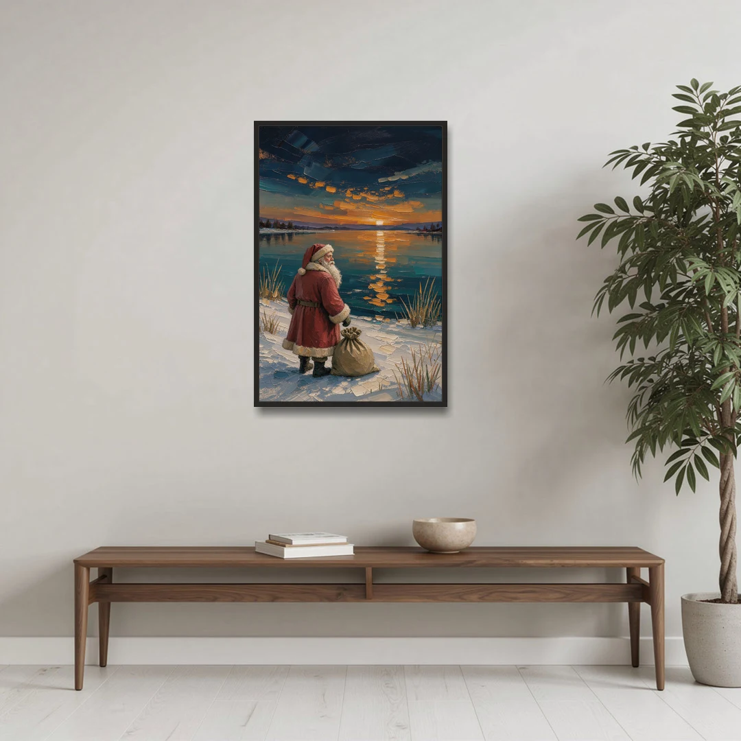 Framed Santa Print by the Amber Lake - Black Framed Canvas Wall Art - Coffee Table - 24x36