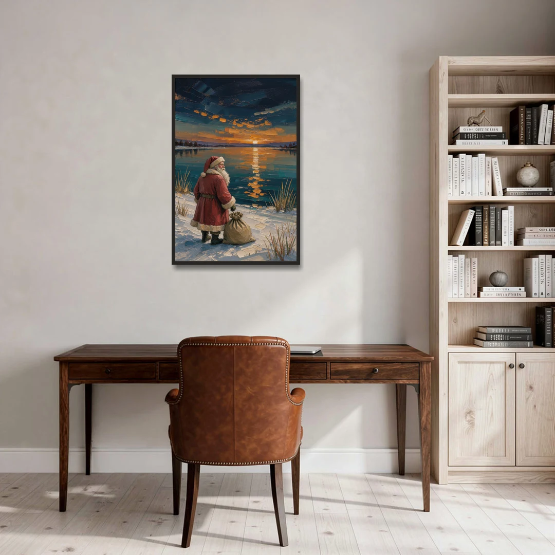 Framed Santa Print by the Amber Lake - Black Framed Canvas Wall Art - Office - 24x36