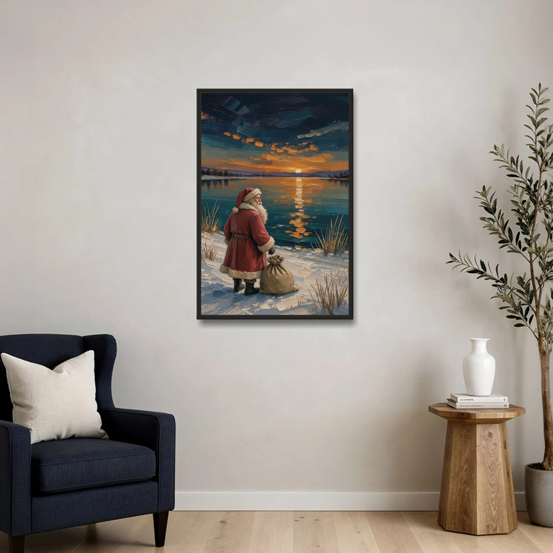 Framed Santa Print by the Amber Lake - Black Framed Canvas Wall Art - Sofa - 24x36