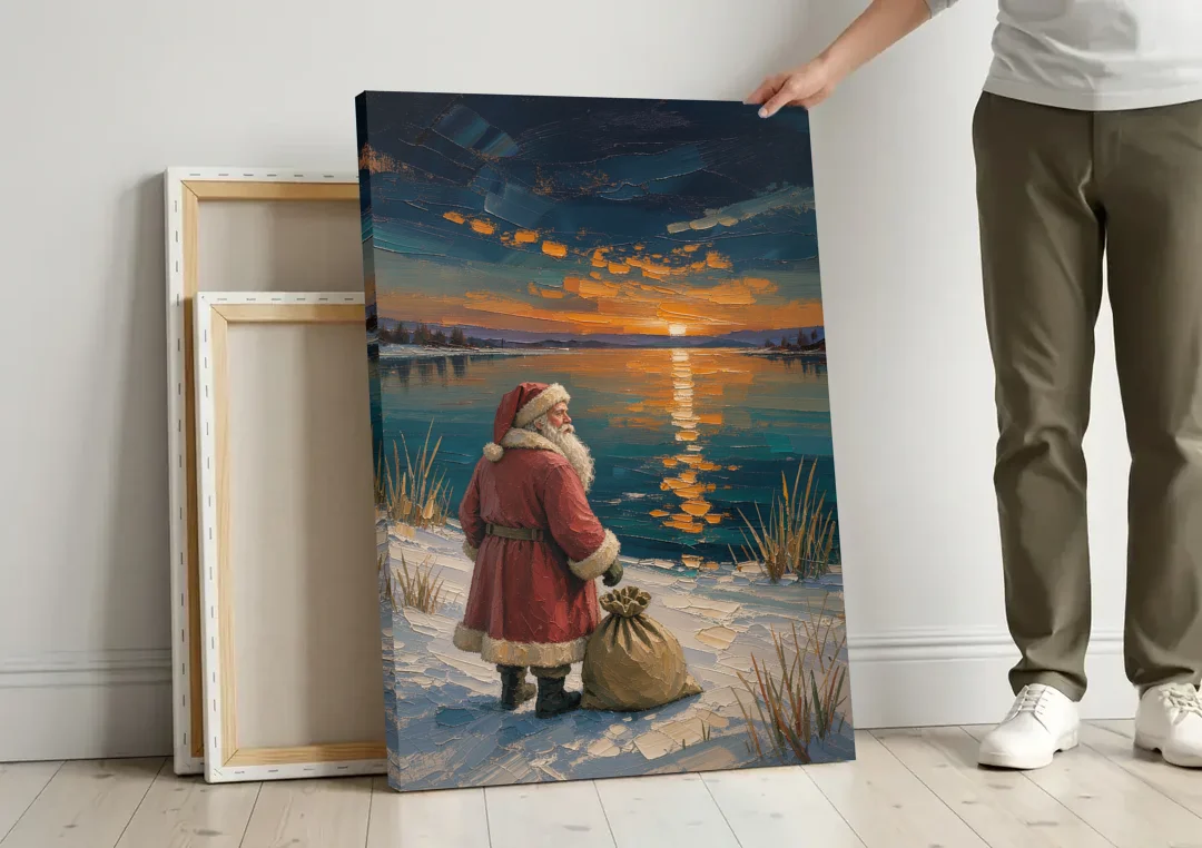 Framed Santa Print by the Amber Lake canvas wall art leaning against a wall next to blank canvases