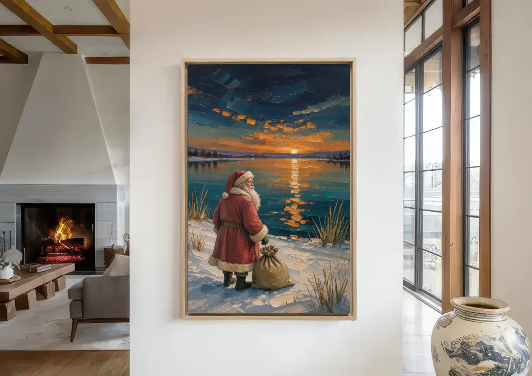 Framed Santa Print by the Amber Lake canvas wall art in a living room with a fireplace