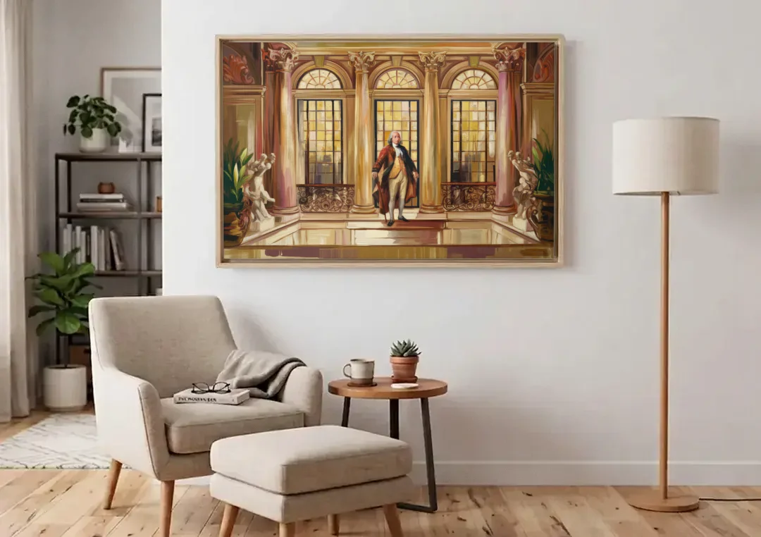 Franklin Architectural Beauty canvas wall art above an armchair in a bright living room