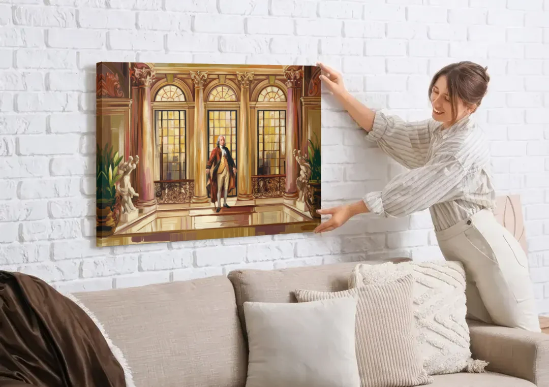 Franklin Architectural Beauty canvas wall art being hung on a white brick wall above a sofa