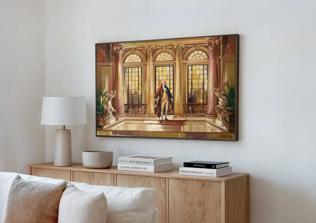 Franklin Architectural Beauty canvas wall art above a wooden sideboard next to a sofa