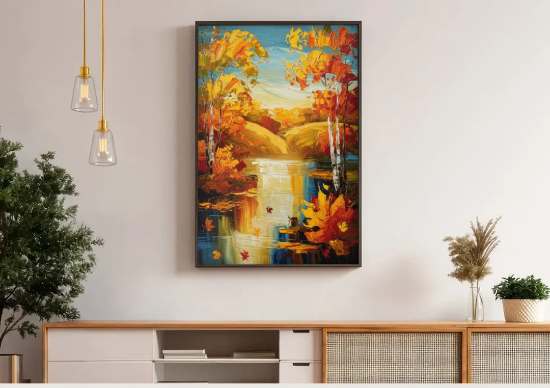 Franklin Autumn Vibes canvas wall art above a wooden sideboard under pendant lights