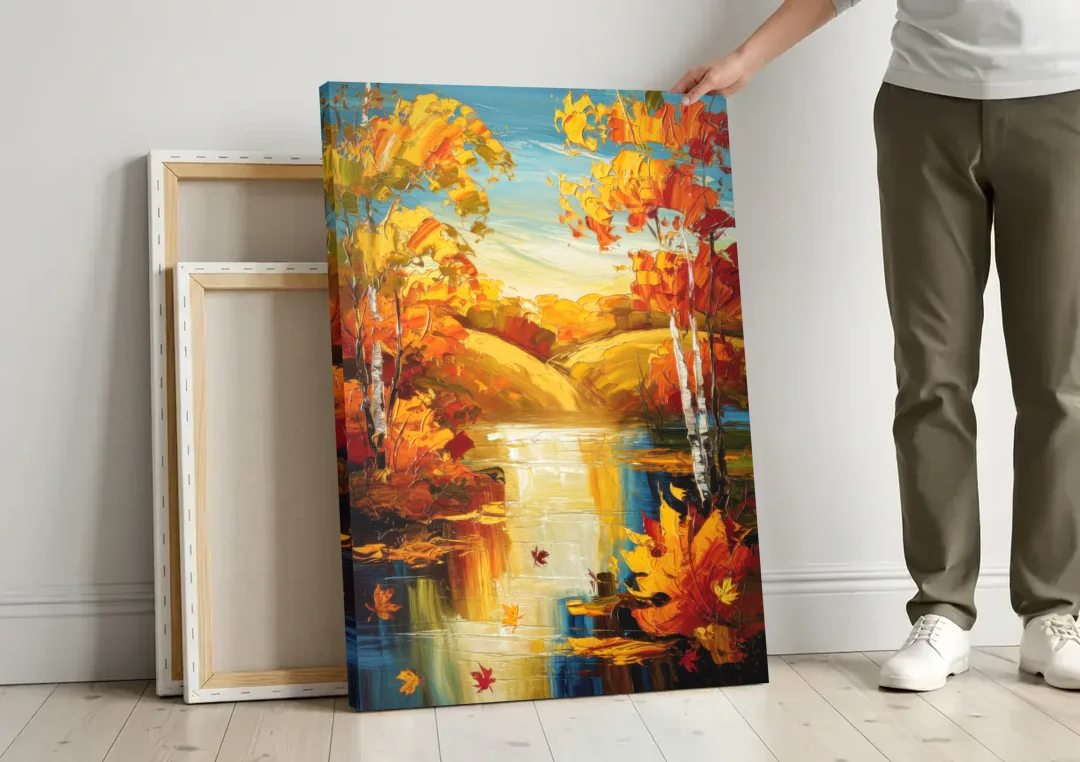 Franklin Autumn Vibes canvas wall art leaning against a wall next to blank canvases