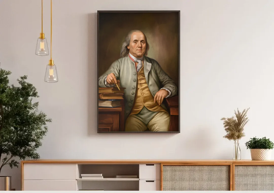 Franklin Cultural Heritage canvas wall art above a wooden sideboard under pendant lights